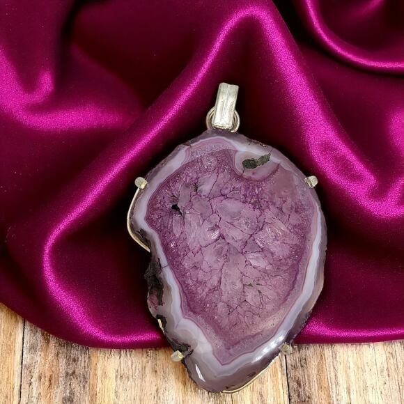Sterling Silver Purple Agate Pendant – Handmade Geode Slice Necklace - Picture 1 of 16